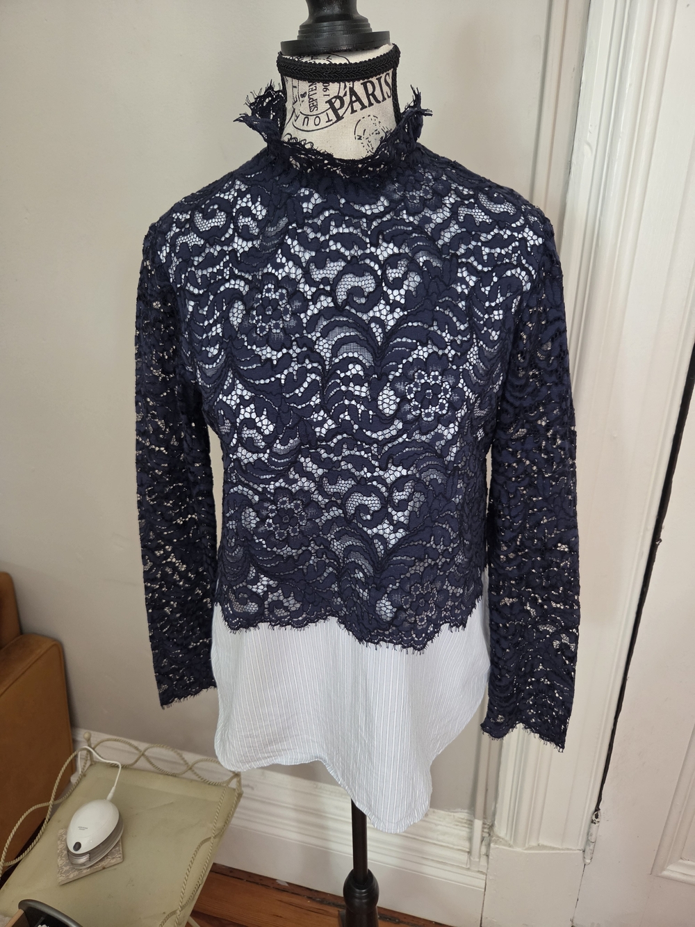 Sandro Navy Lace Mock-Neck Layered Blouse with White Underlayer